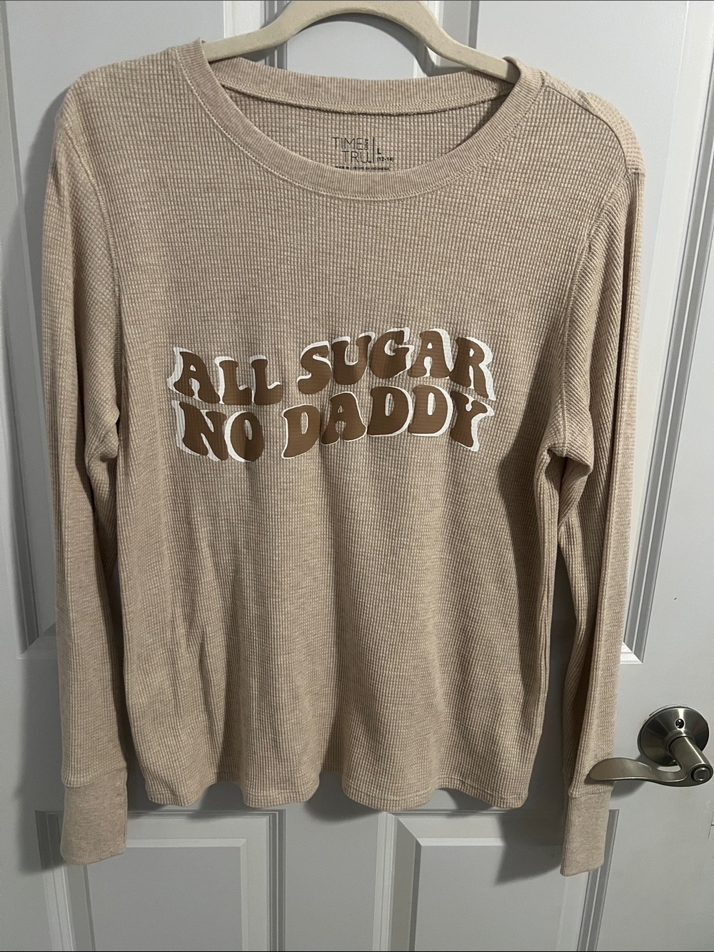 Time and Tru Beige Long-Sleeve Graphic Tee - Cream & White Lettering